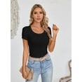 thumbnail image 4 of Womens Tops Summer Square Neck Short Sleeve Shirts Ribbed Knit Slim Fitted Tshirt Casual Tees Clothing, 4 of 7