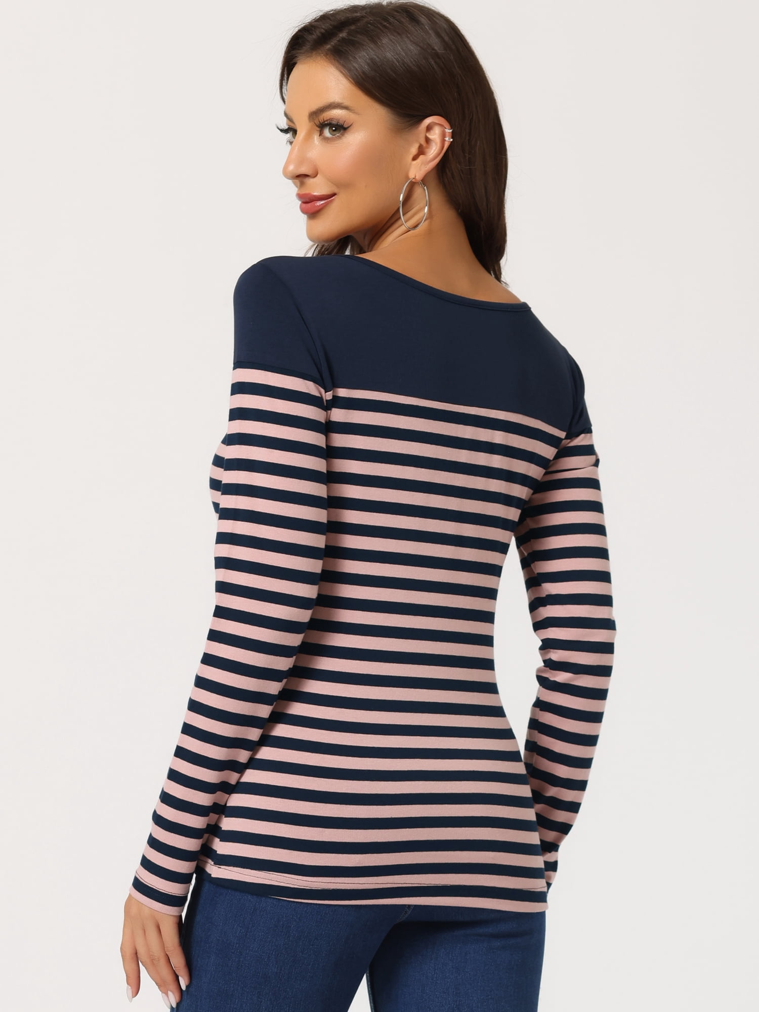 DARING DIVA Women's Color Block Striped Knit Top Long Sleeves T-Shirt M Blue Pink