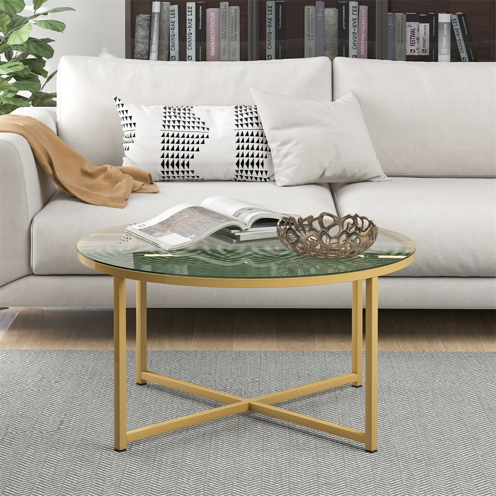 Round Glass Coffee Table for Living Room, Metal Frame Living Room Sofa