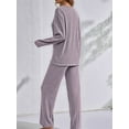 thumbnail image 6 of Women'S 2 Piece Lounge Sets Ribbed Long Sleeve Button Top Matching Pants Sleepwear Set Fall Outfits Light Purple S, 6 of 9