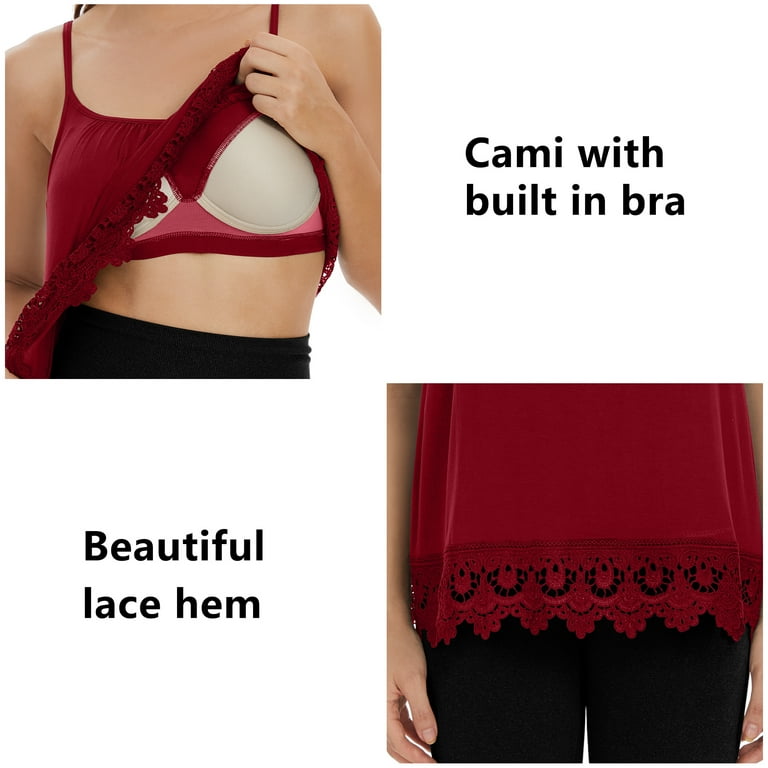 COMFREE Women's Camisole with Built in Bra Tank Top Flowy Swing Pleated  Tank Top Cami with lace Trim Red Wine 