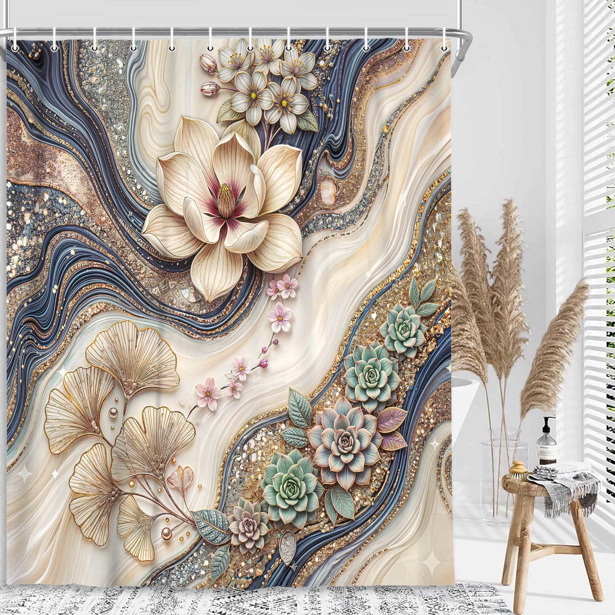 Gray White Luxury Gold Marble Floral Shower Curtain, Elegant Magnolia Ginkgo Succulent Bathroom Decor, Modern Abstract Geode Bath Curtain, Waterproof Polyester Fabric with Hooks,70X75in
