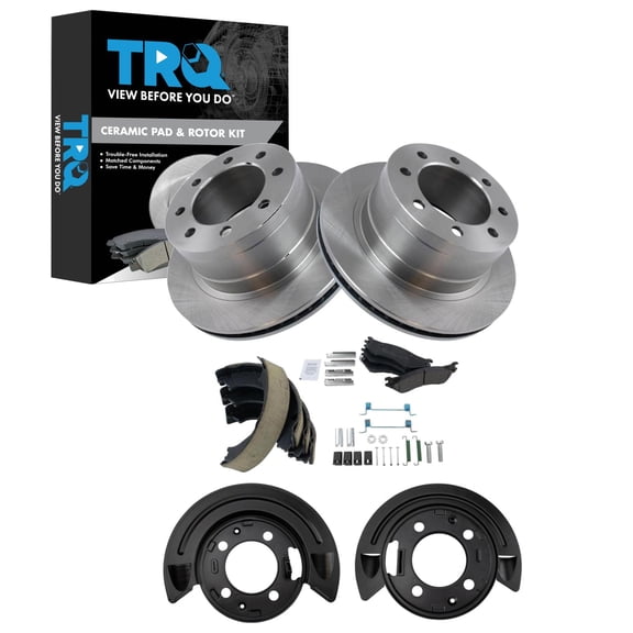 TRQ Rear Brake Pad & Rotor Kit Brake Pads Brake Rotor Brake Rotor Backing Plate Parking Brake Shoe Hardware Kit Parking Brake Shoe Set Ceramic Fits 2003-2005 Dodge Ram 2500 Ram 3500