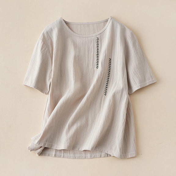 BRGZLK Summer Embroidered Tops For Women Short Sleeve Loose Fit Plain T Shirts Basic Vintage Tees Cotton Crew Neck