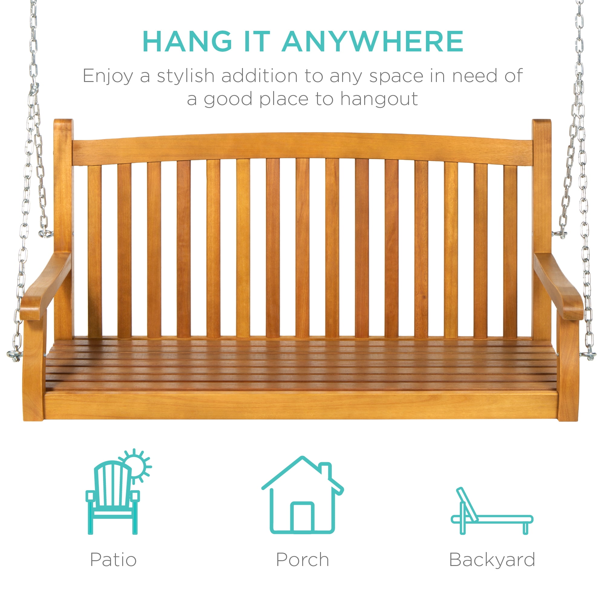 Best Choice Products 48in Wood Porch Swing Outdoor Patio Hanging Bench Chair w/ Mounting Chains, 500lb Capacity - Brown