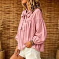 thumbnail image 4 of Ayolanni Ruched 2026 Spring Outfits 3/4 Sleeve Scoop Neck Cotton Linen Solid Blouse Button Down Tie Front Puff Ladies T-Shirt Tops for Women 2026 Pink S, 4 of 6
