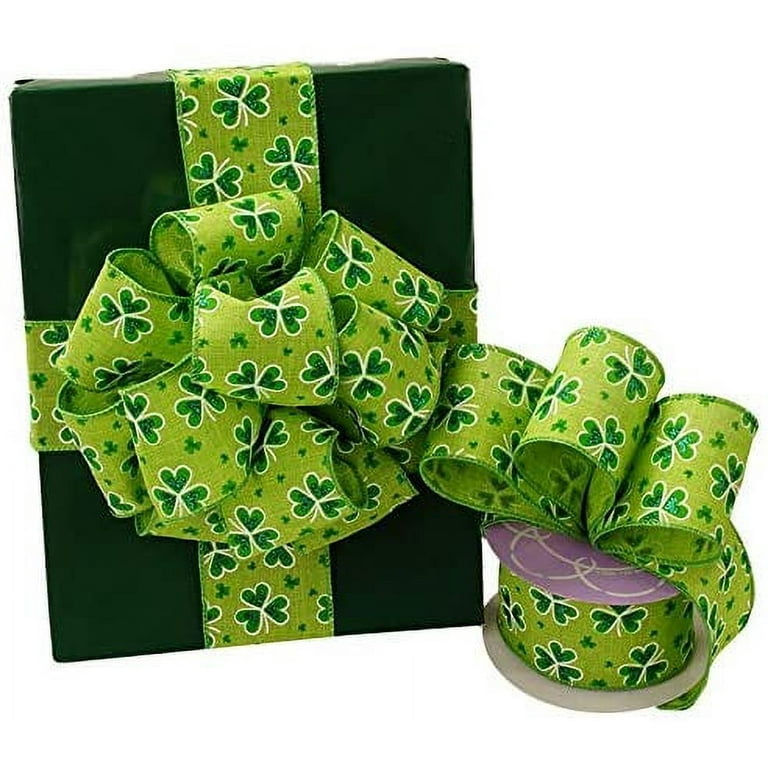 St Patrick's Day Satin Ribbon - 2 1/2 x 10 Yards, Wired Edge, Glittery  Lime Green Shamrocks, Emerald Green Ribbon, Wreath, Saint Patrick's Day,  Gift Wrap 