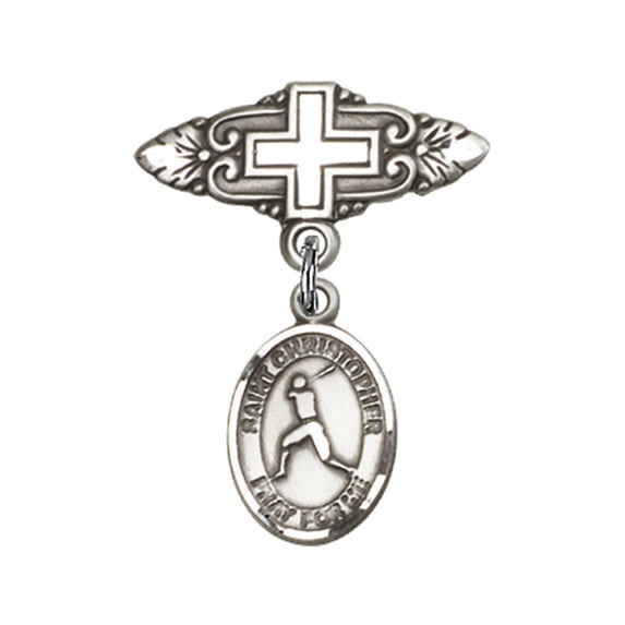 Sterling Silver Baby Badge with St. Christopher/Baseball Charm and Badge Pin with Cross 1 X 3/4 inches