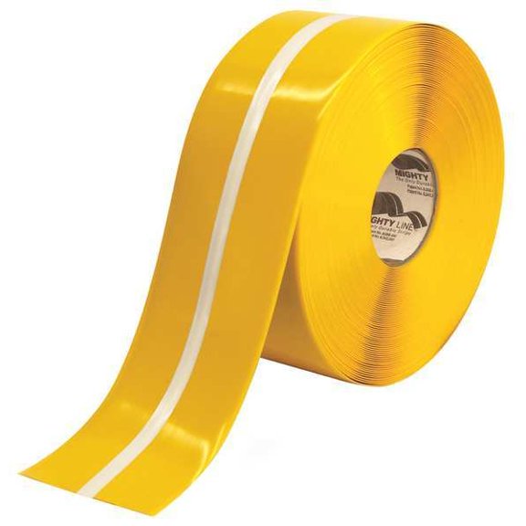 Floor Marking Tape, Rubber, Solid with Center Line, Yellow, 4 in W.