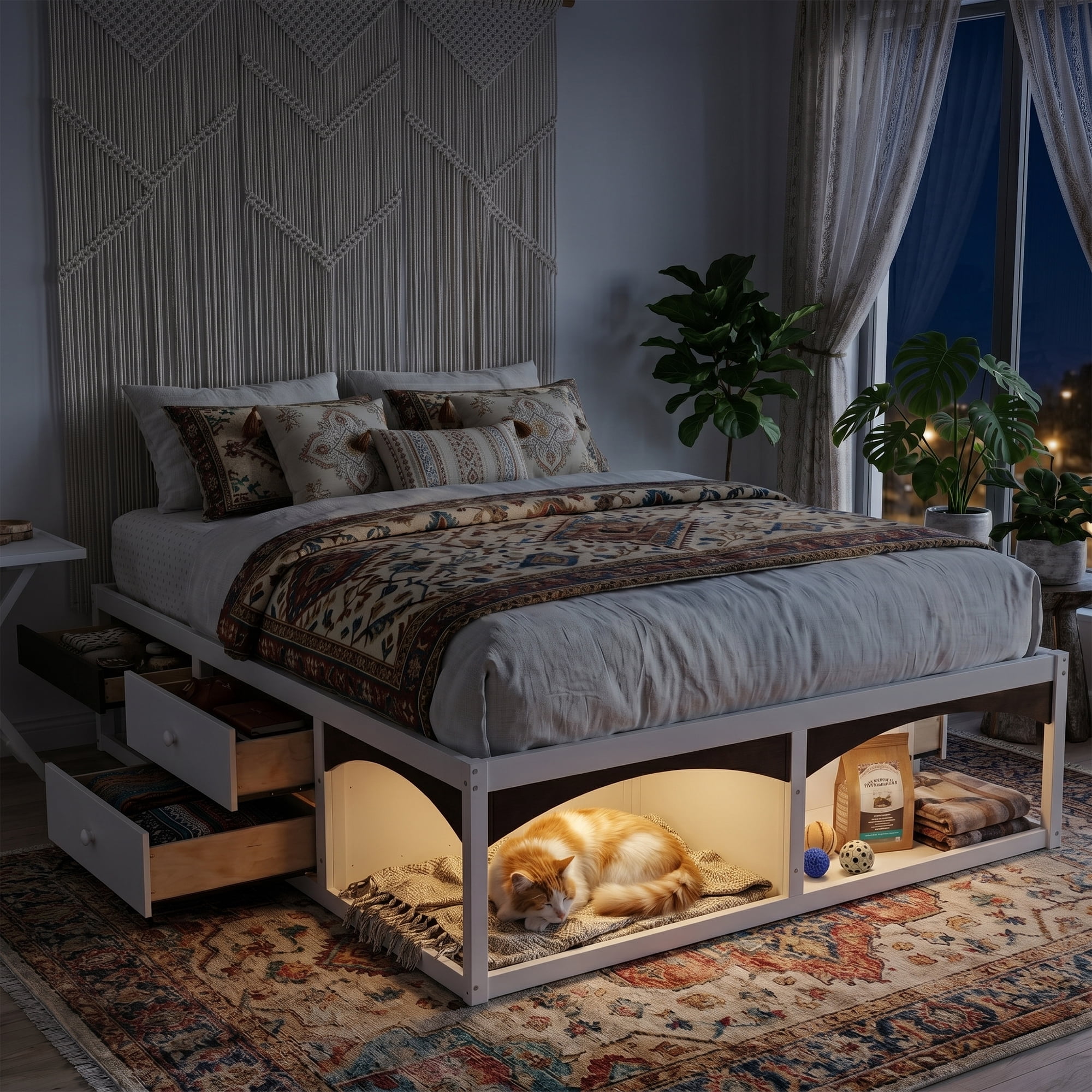 King Size Platform Bed with 2 Storage Drawers, Lighted Under-Bed Open Pet Space, No Headboard