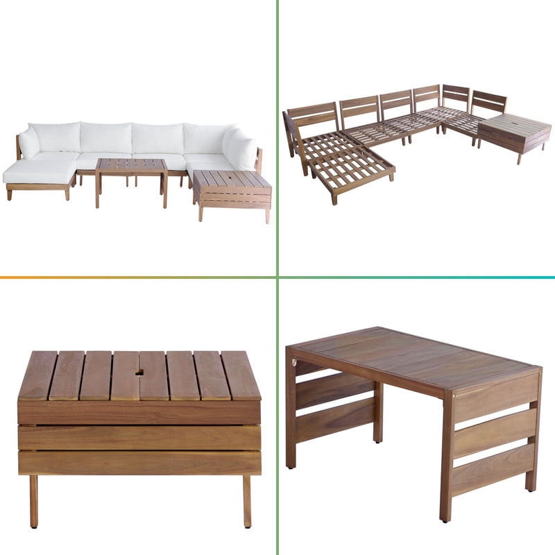 8-Piece Solid Acacia Wood Outdoor Sofa Sectional Set for 6, Patio Modular Chat Set with Coffee Table, Storage Tea Table & Cushions