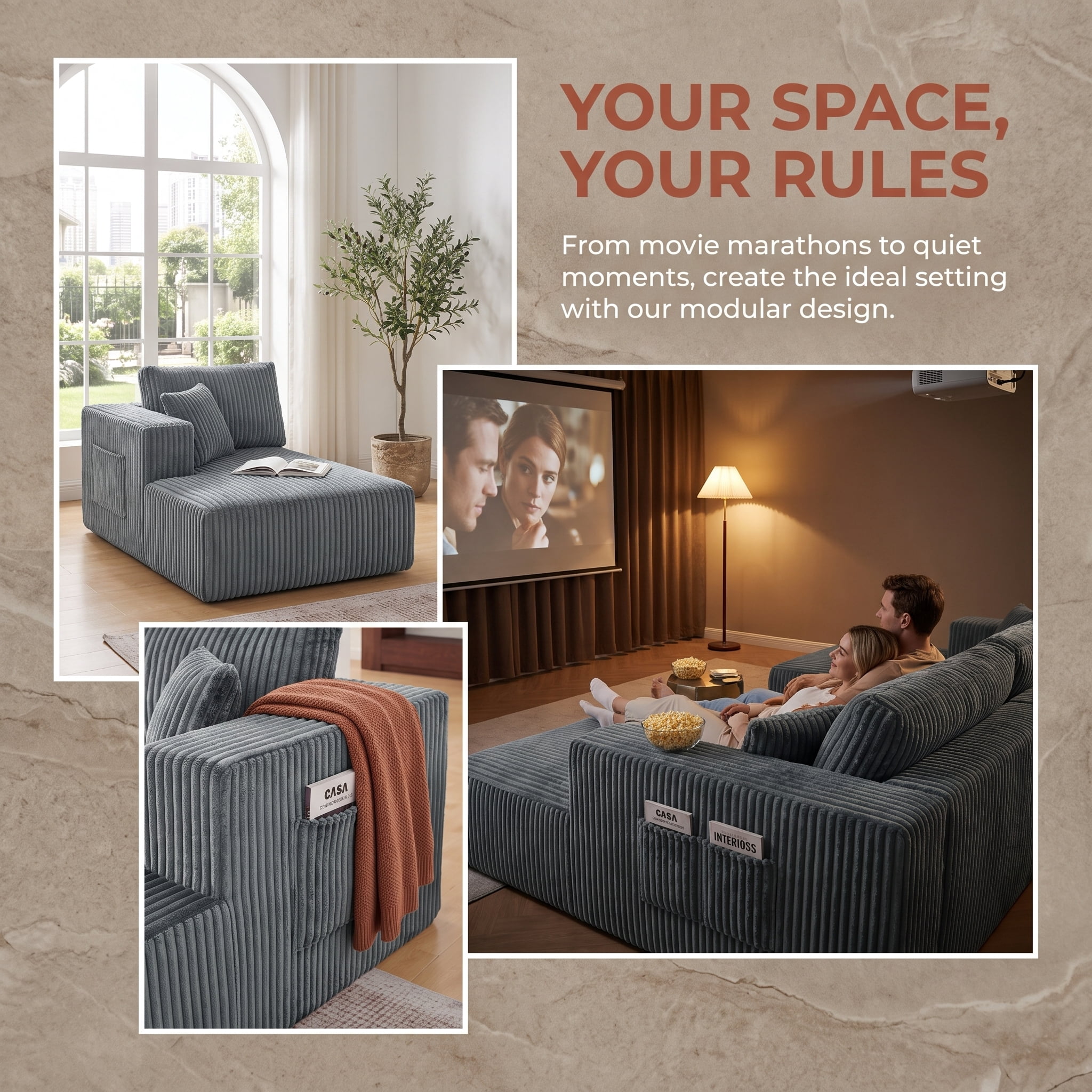 ShiKeyi 132.5" Modern U-Shaped Modular Sectional Sofa with Double Chaise, Corduroy Fabric Cloud Couch Set with Storage Pockets for Living Room, No Assembly Required, Drak Gray