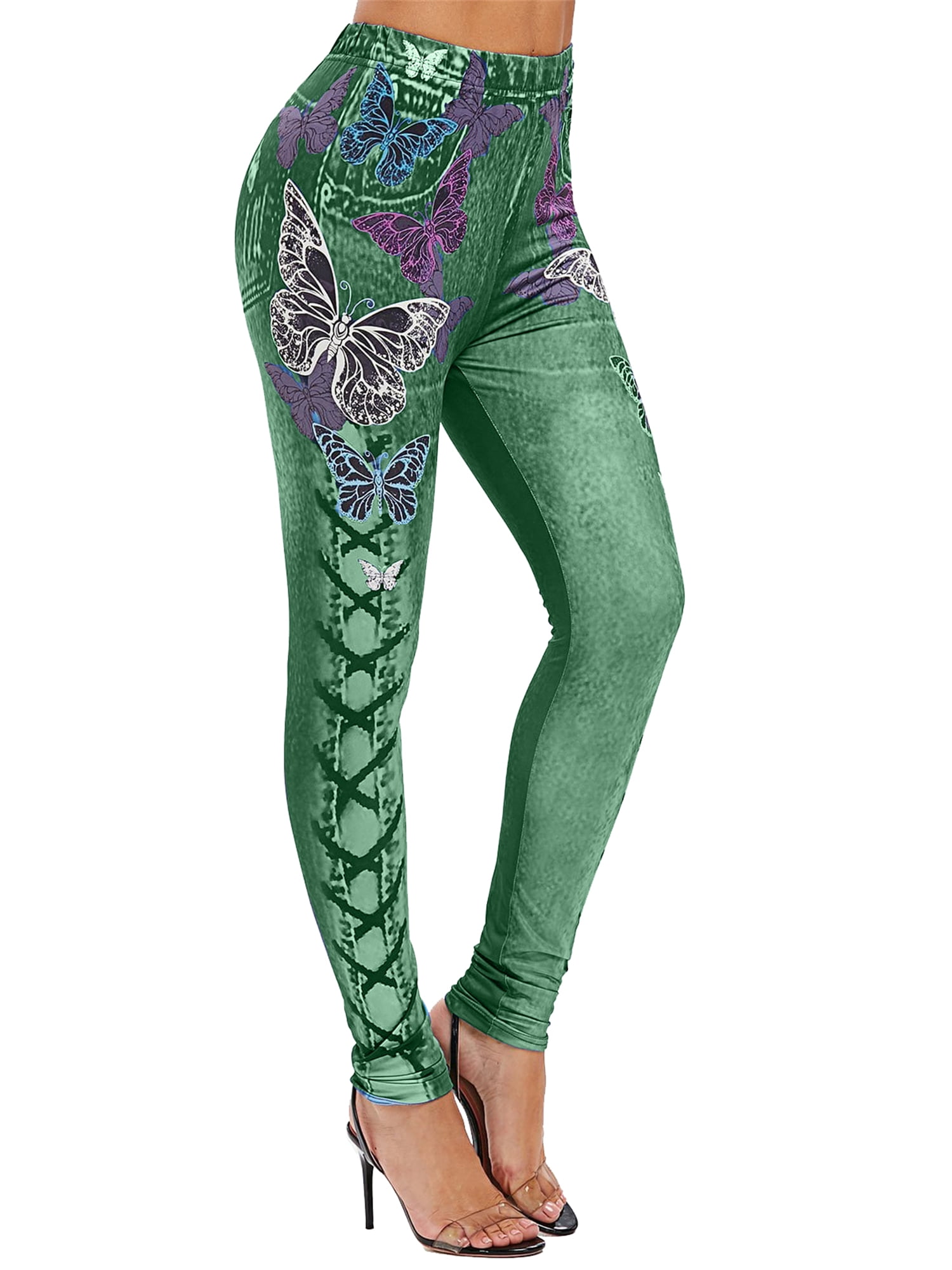 Plnotme Women Jeggings Leggings High Waist Slim Butterfly Printed
