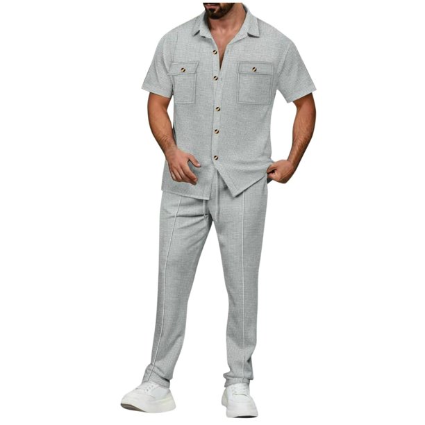 Pantalones Elásticos de la Cintura de los Hombres de Color Sólido Cuello de Vuelta de Manga Corta, Set Deportivo Casual de Bolsillo