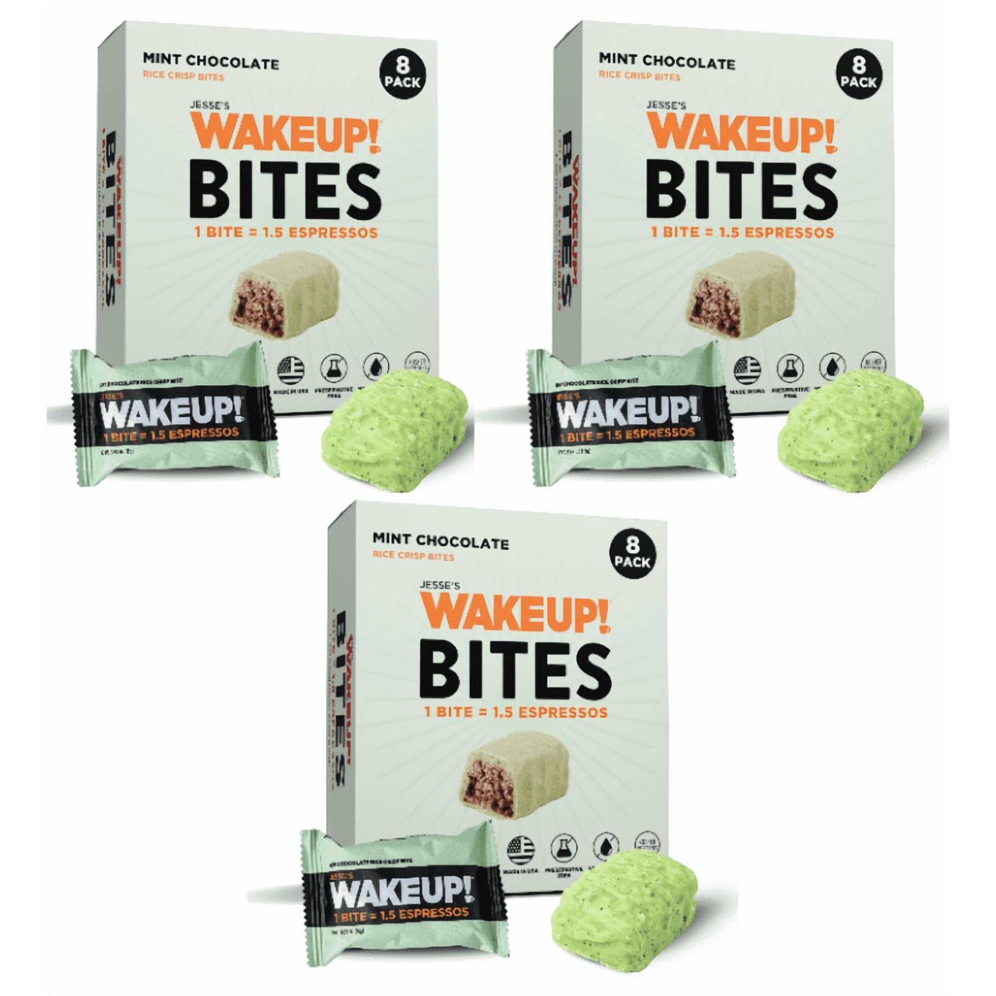 Jesse’s WakeUP! Caffeinated Mint Chocolate Bites – 175mg 3 Boxes (24 Bites) | Gluten-Free