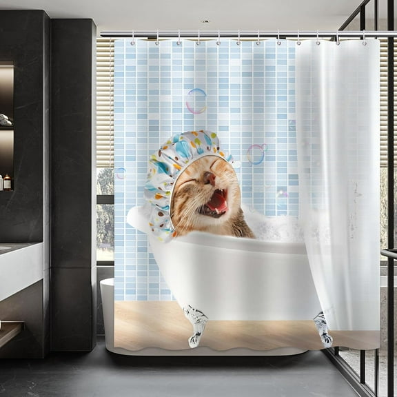 Cat Shower Curtain Funny Cat Shower Curtain for Bathroom Cute Cartoon Animal Shower Curtain Sets Fun Cat Shower Curtains Decor Tub Decor with 12 Hooks 72x72 inches
