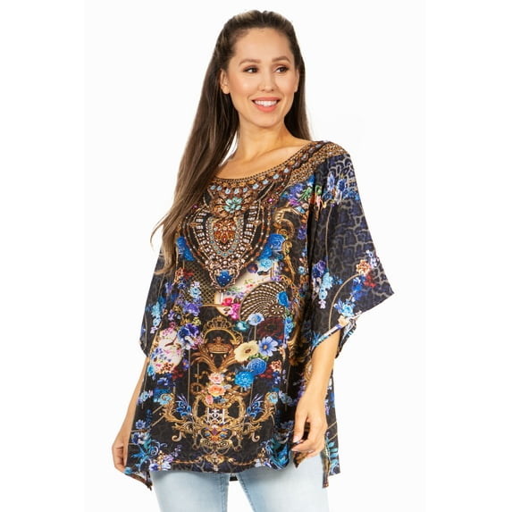 Sakkas Marina Women's Casual Short Sleeve Blouse Top Tunic Loose Floral Round Neck - 555-Black - S/M