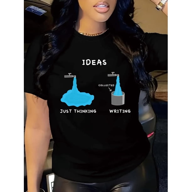 Women'S Casual Crew Neck T-Shirt with "IDEAS" Alphabet Print, Polyester Knit Fabric, Short Sleeve, Spring/Summer Fashion Top, 180g/m² - Black