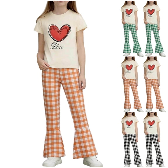 Stamzod 2 Piece Outfits for Girls Love Printed Short Sleeve T-Shirt and Flared Pants Lounge Set Girls Summer Clothes Green 7-8 Years