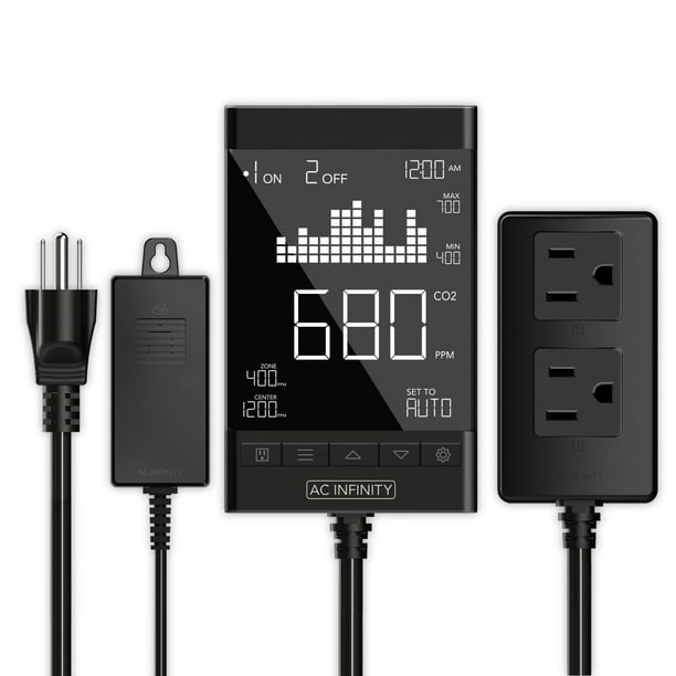 Monitor de salida inteligente AC Infinity con controlador de CO2 con 2 enchufes