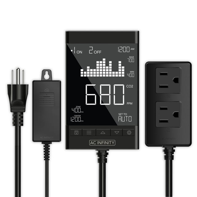 Monitor de salida inteligente AC Infinity con controlador de CO2 con 2 enchufes