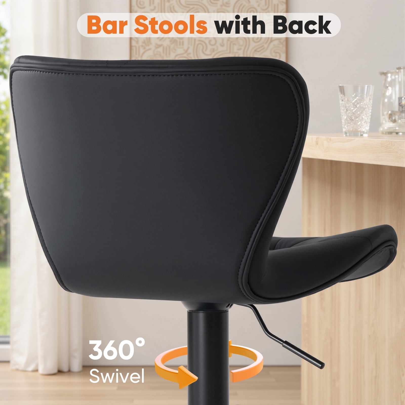 EDX Bar Stools Set of 2, Modern Adjustable Armless Swivel Counter Stools with PU Leather, Black