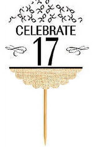 17th Birthday / Anniversary Novelty Burlap Cupcake Decoration Picks -12pack