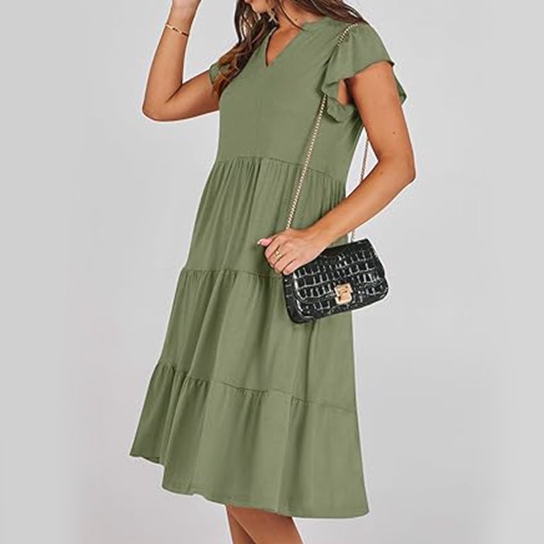 Midsumdr Summer Dresses for Women 2025 Casual Loose Fit Swing Pleated Elastic Waist Sundresses Fashion Solid Color Sleeveless V-Neck Temperament