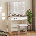 thumbnail image 2 of Farmhouse Vanity Table with Sliding Shelf,Makeup Dressing Desk with Cushioned Stool Set,Bedroom Vanities Set with LED Lighted Mirror & Charging Station,White, 2 of 7