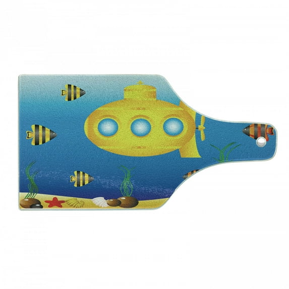 Yellow Submarine Cutting Board, Nautical Theme a Submarine Surrounded by Fish and Sea Grass Print, Tempered Glass Cutting and Serving Board, Wine Bottle Shape, Blue and Yellow, by Ambesonne