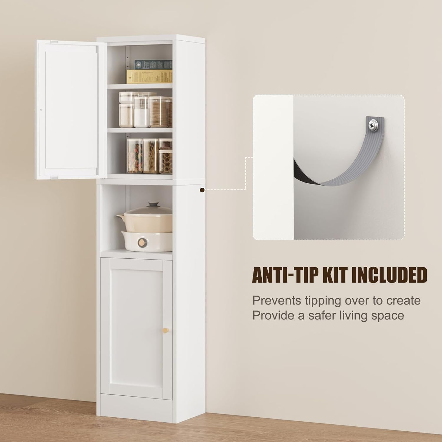 Tall Bathroom Storage Cabinet,Slim Tall Metal Cabinet with Open Compartment,Freestanding Narrow Stroage Cabinet for Bathroom, Entryway, Slim Pantry,Living Room,White