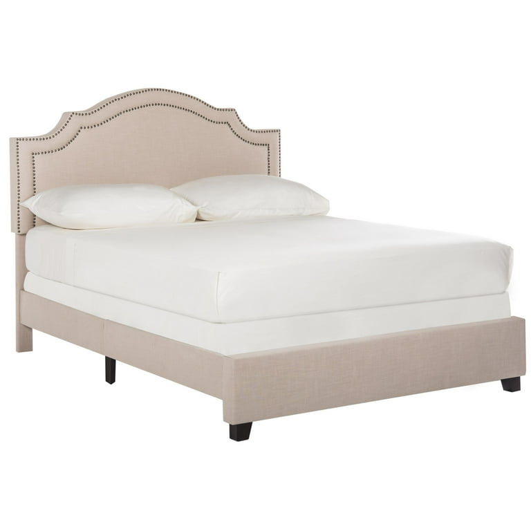Safavieh Theron Light Beige/Brass Nailheads Queen Upholstered Bed