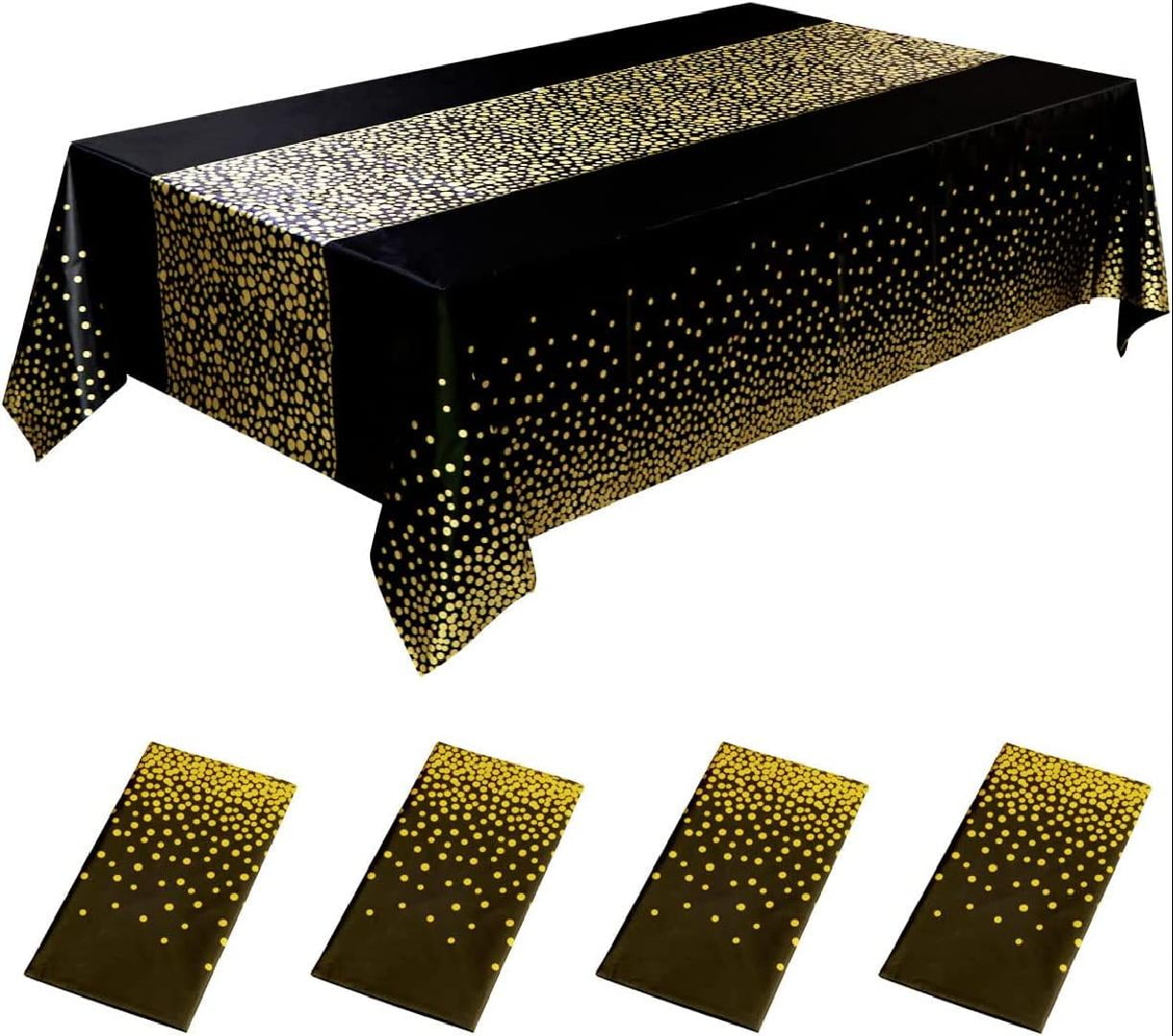 4 Pack Black Plastic Tablecloth with Gold Dot Disposable Table Cloths