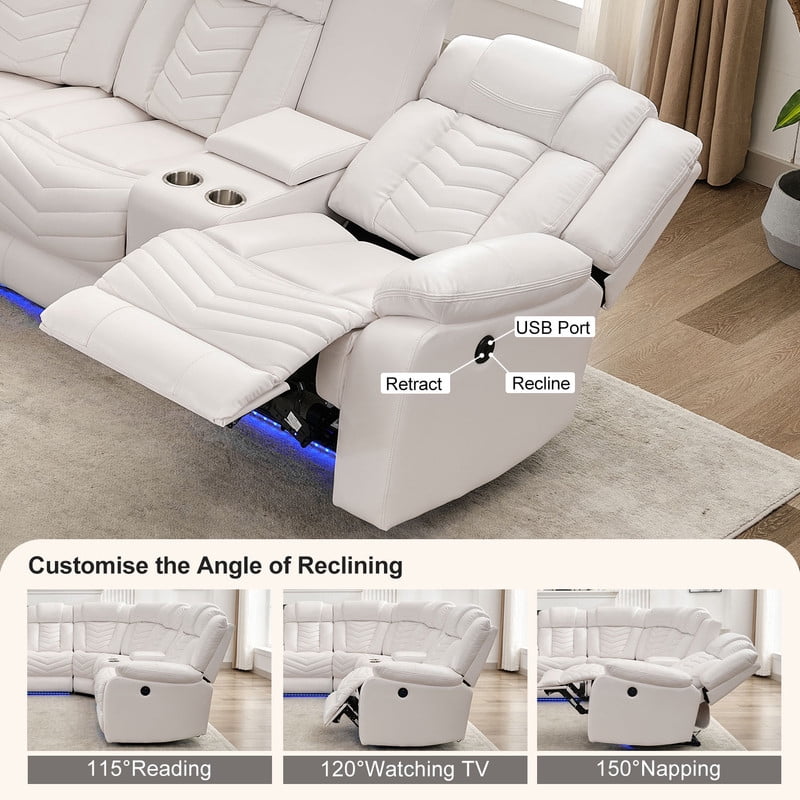 Power Reclining Sectional Sofa with Bluetooth Speakers,USB Ports,LED Lights,Cup Holders,Storage Console,Faux Leather Electric Corner L-Shaped Recliner Couch,5 Seater for Living Room White