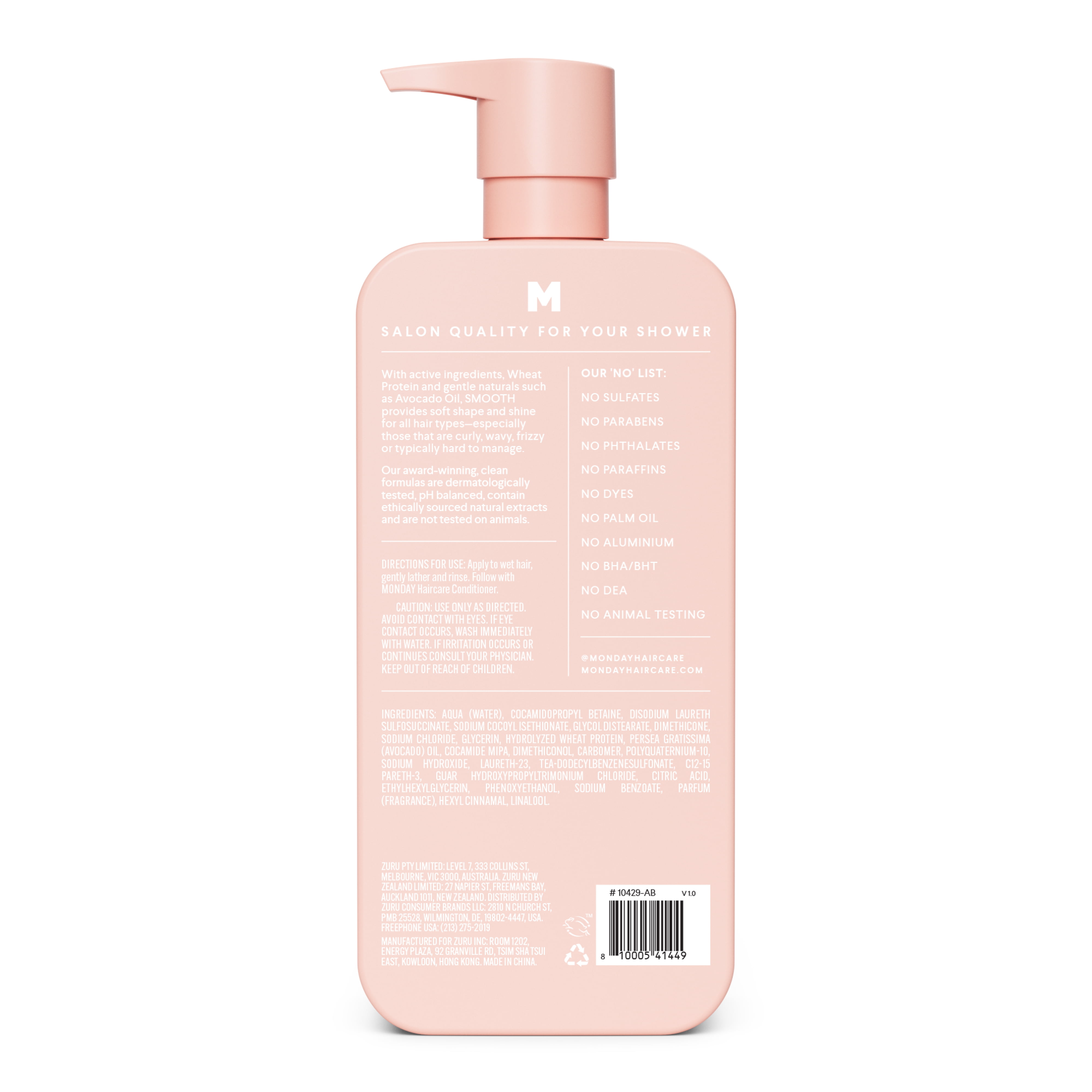 MONDAY Haircare SMOOTH Shampoo Softens Curly Wavy Hair, Wheat Protein, Avocado Oil, 27 fl oz
