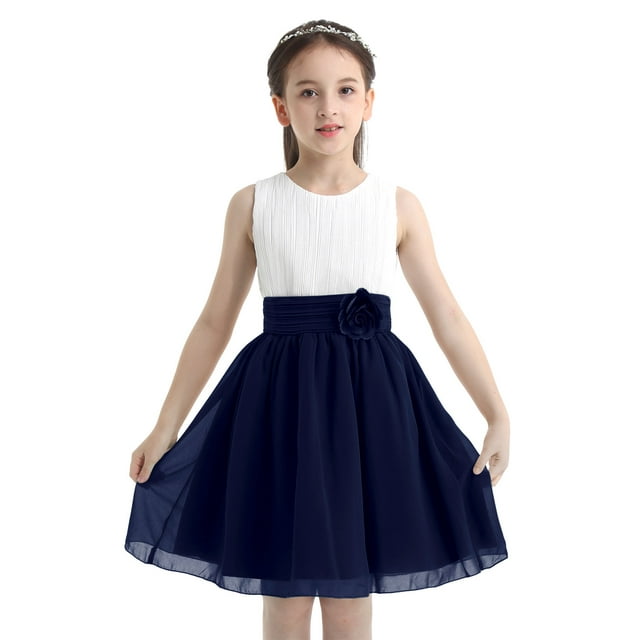 TTAO Robe Plissée en Chiffon pour Filles Enfants Robe de Demoiselle d'Honneur de Mariage Fête Formelle Bal Blanc&Bleu Marine 12