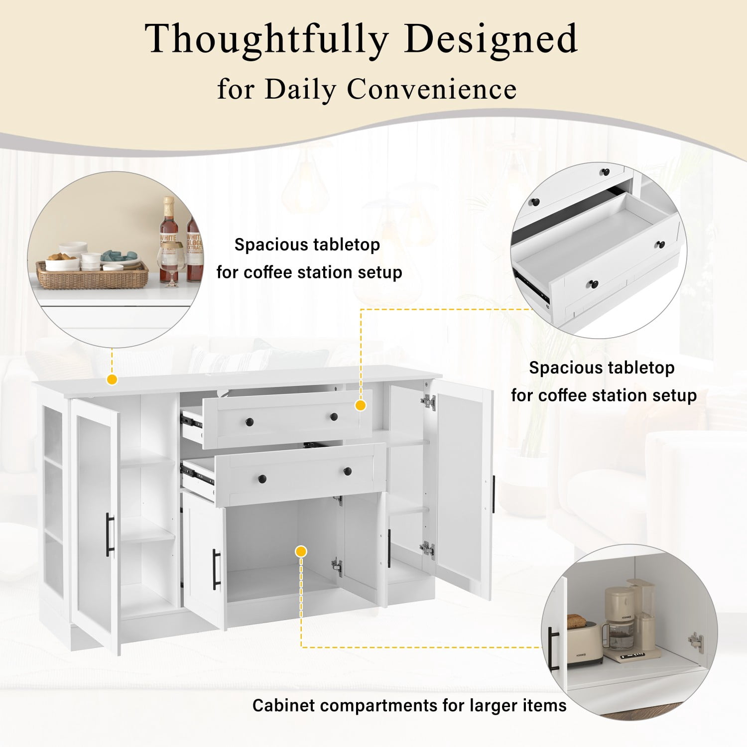 58.3" Modern Buffet Sideboard Cabinet with 4 Doors 2 Drawers, Adjustable Shelves, Power Outlet, Acrylic Panels Storage for Kitchen Dining Living Room, White