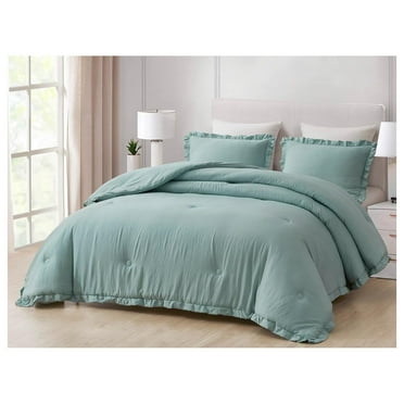 saney Nora Aqua Comforter Set Full Size 3-Piece Fluffy Soft Lightweight Bedding Ruffled Edge Trim Stone-Washed Microfiber Comforter Set for All Season