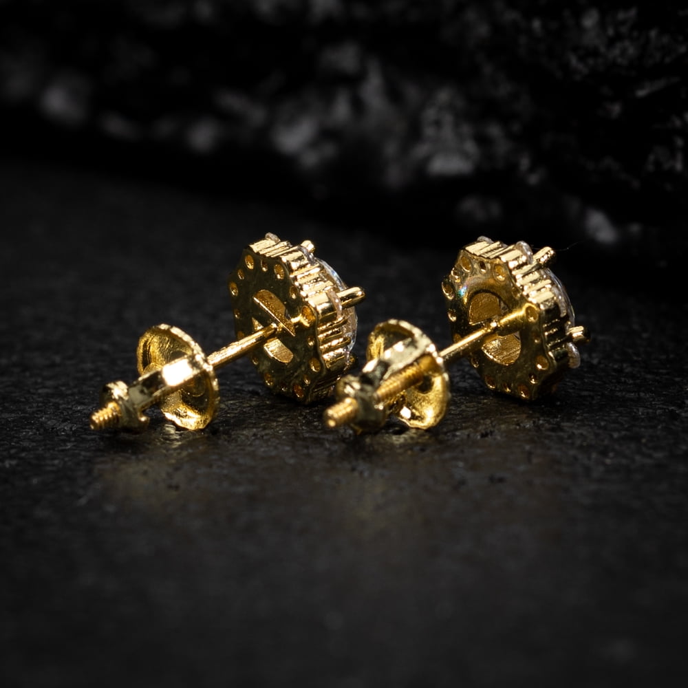 Brilliant Small 925 Sterling Silver 14K Yellow Gold Plated Flower Cluster Round Halo Unisex Iced Cz Hip Hop Hypoallergenic Men's Women's Circle Screw Back Cubic Zirconia Stud Earrings