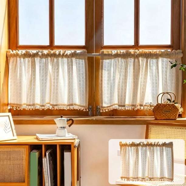 Cortina corta estampada floral para ventana de cocina | Cortina semitransparente que filtra la luz para cafetería | Cenefa decorativa con borlas y bolsillo para barra para primavera y verano