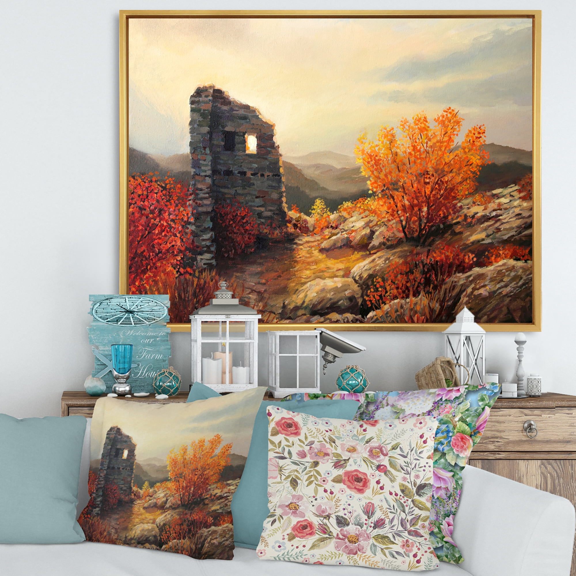 Sunset Over Old Fortress Ruins 32 in x 16 in Framed Painting Canvas Art Print, by Designart