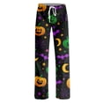 thumbnail image 4 of Halloween Pajama Pants for Women, Neon Splatter Pumpkin & Spiderweb Print Wide Leg Lounge Bottoms with Drawstring Waist, Soft Breathable Sleep Trousers, 1 Pair Light Green M, 4 of 5