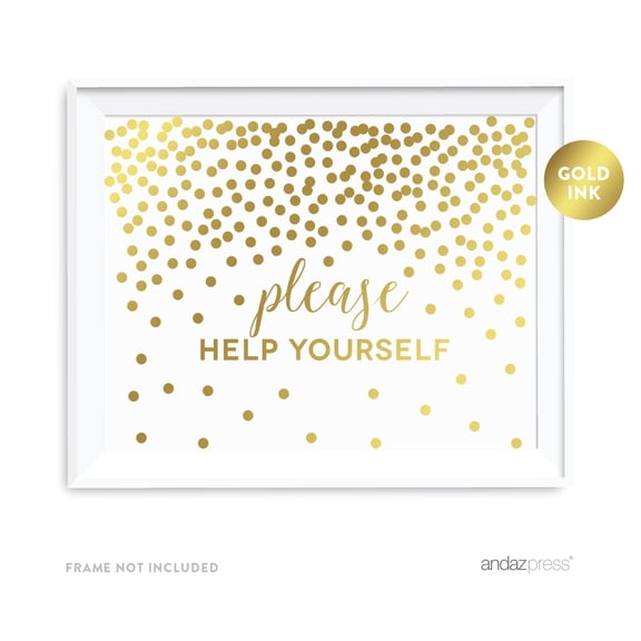 Metallic Gold Confetti Polka Dots 8.5x11-inch Party Sign, Please Help Yourself Reception Dessert Table Sign, Unframed