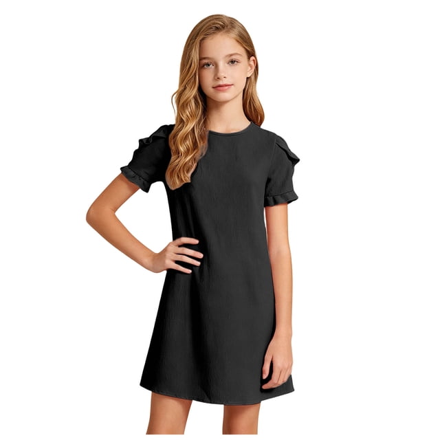 vigerkar Robes d'Été pour Filles T-Shirt Décontracté Col Ras du Cou Manches Pétales Robe de Vacances (Noir, 7-8 Ans)