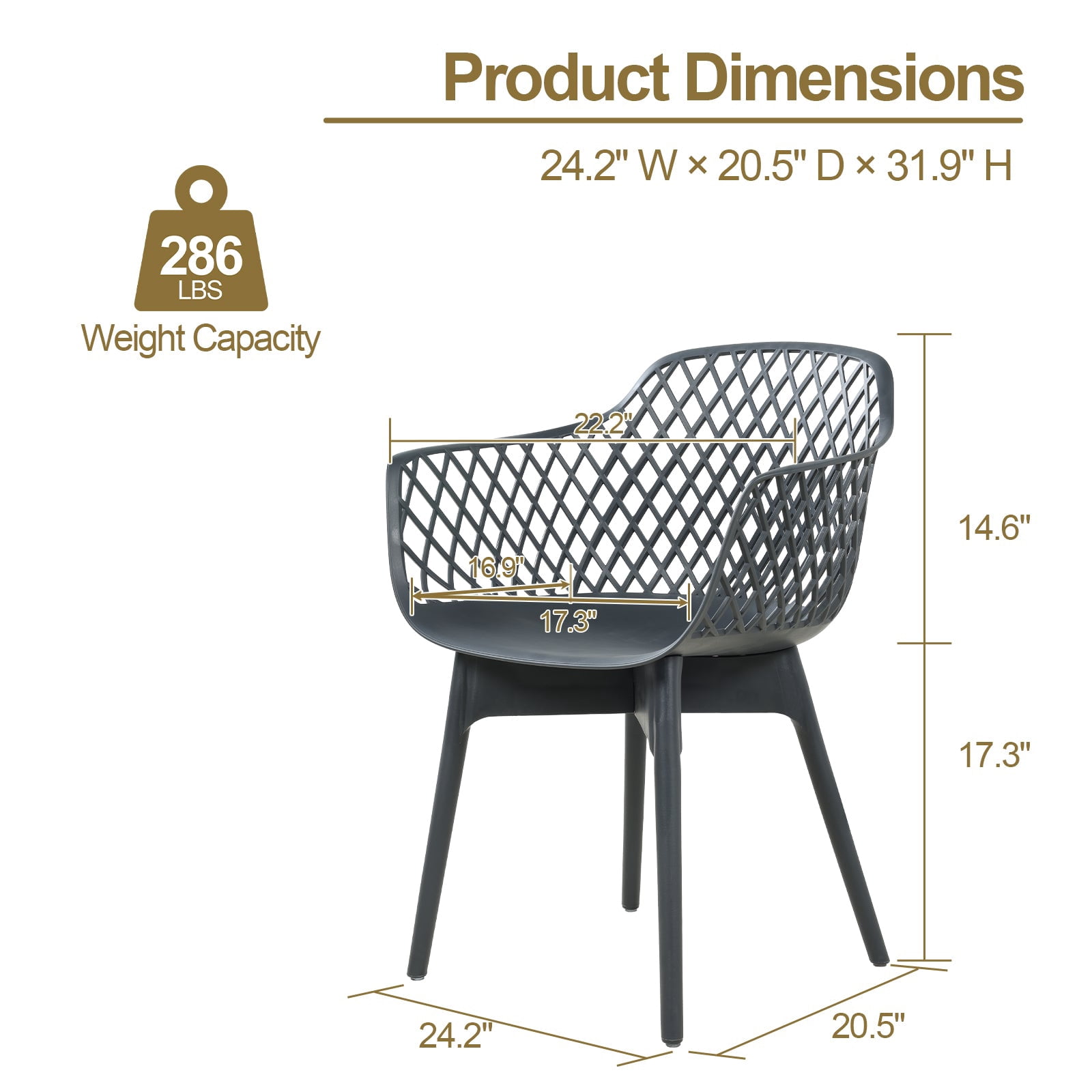 Aoodor Modern Dining Chairs Set of 2, Weather-Resistant Plastic Cafe Chairs with Ergonomic Back and Non-Slip Pad, Suitable for Patio, Restaurant, Yard, Porch, Balcony, Grey