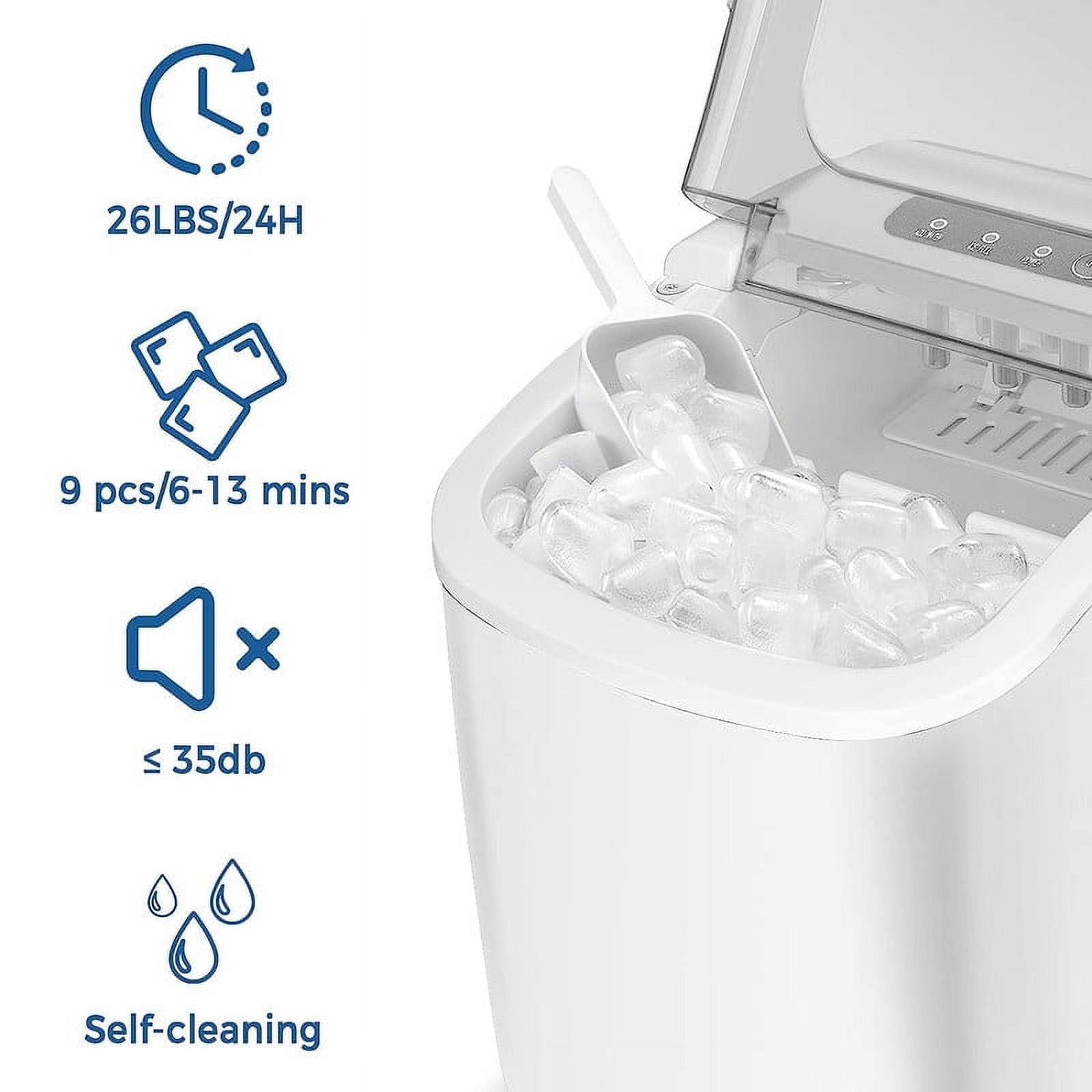 YUKOOL Countertop Ice Maker with Handle Portable Ice Maker, 26lbs/24 Hours, 6 Minutes/9 Ice Cubes, S/L Bullet Ice, Self Cleaning, Suitable for Home, Kitchen, Office, Leisure Area(WHITE)