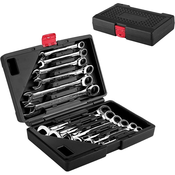 Juego de llaves de trinquete profesional, 12 piezas Llaves de trinquete 8-19 mm Llave de vaso de mano portátil con estuche para reparación de garaje automático (cabeza plana) JFHHH pequeña