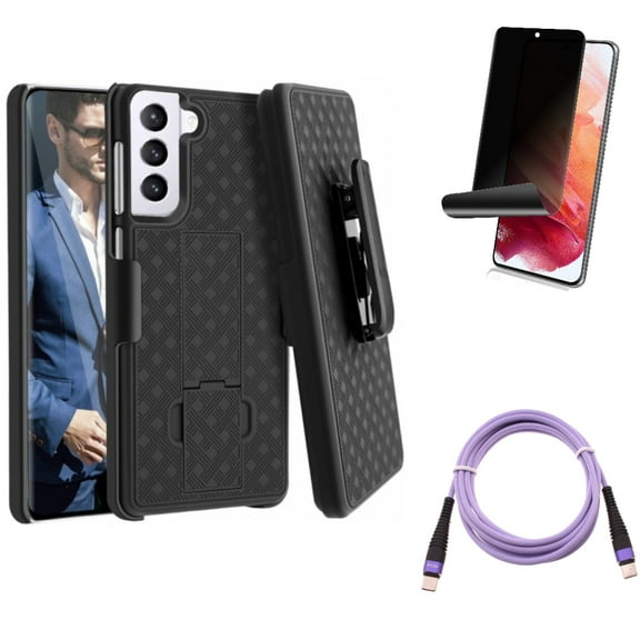 Case Belt Clip w Privacy Screen Protector w Purple 10ft PD Cable for Samsung Galaxy S21 Plus - Holster Swivel, TPU Film Fingerprint Works, Type-C to USB-C Fast Charger Cord Accessory Bundle