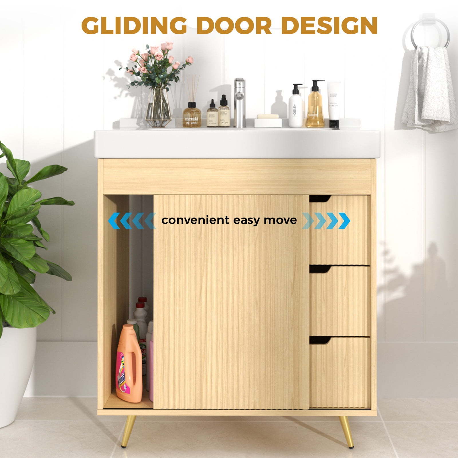 PPorfamilia Bathroom Vanity Cabinet with Ceramic Sink, Faucet and 3 Drawers, Natural