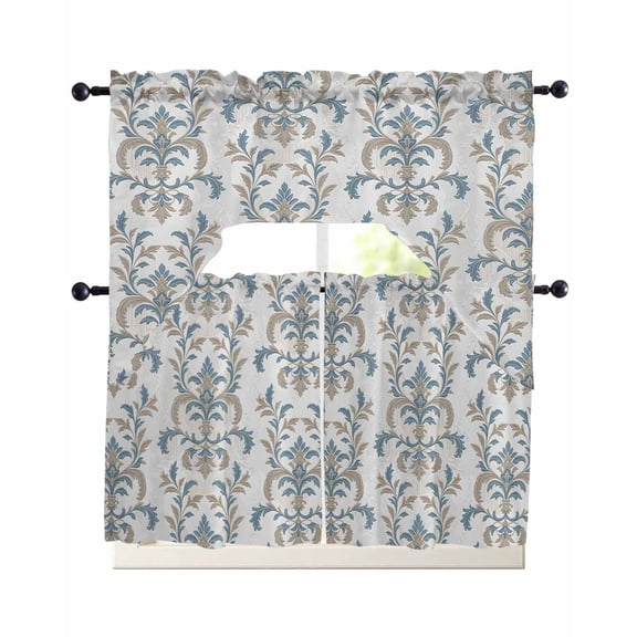 Blue Tan Flower Kitchen Curtains Set for Windows 3 Piece Cafe Curtains 36 Inch Length Swag Curtains Valances and Tier Set Abstract Vintage Ethnic Tribal Boho Drapes for Bedroom Bathroom Living Room